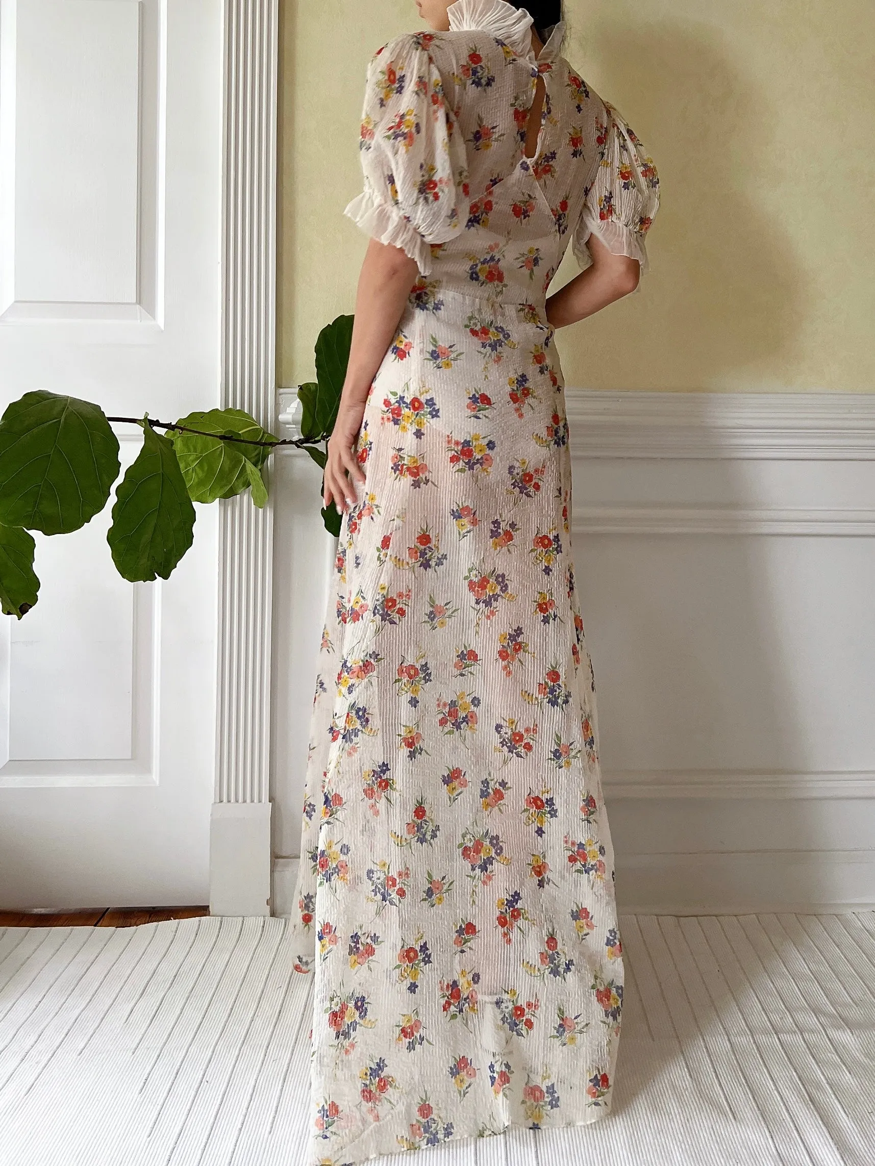 1930s Textured Floral Organdy Dress - S/M