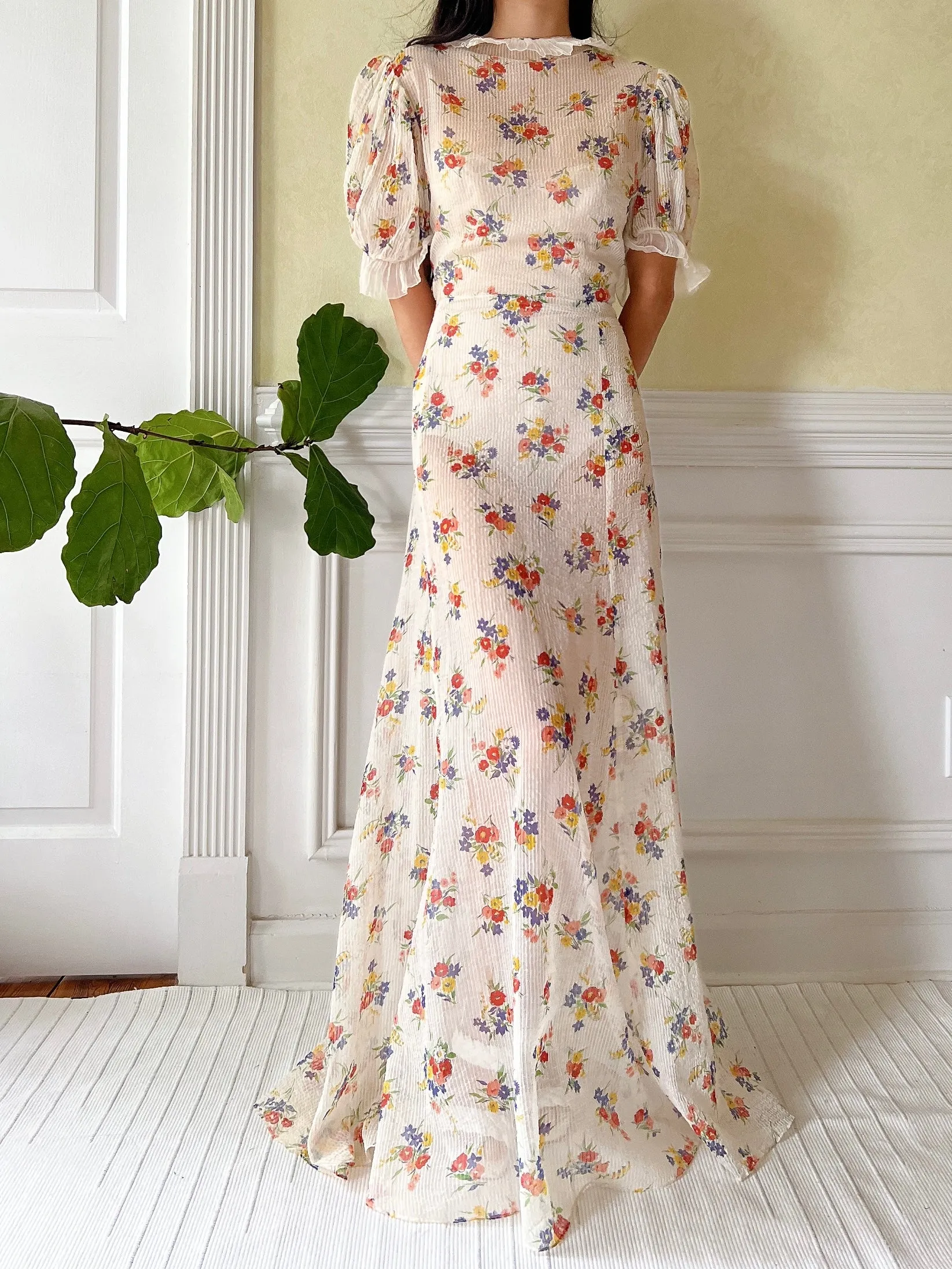 1930s Textured Floral Organdy Dress - S/M