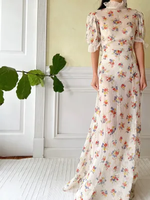1930s Textured Floral Organdy Dress - S/M