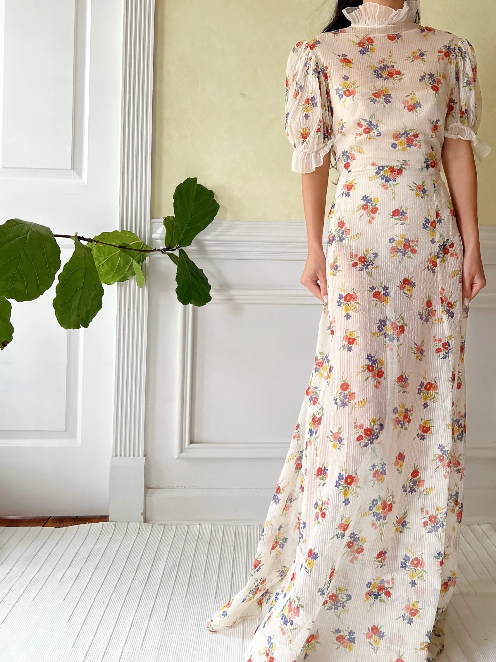 1930s Textured Floral Organdy Dress - S/M