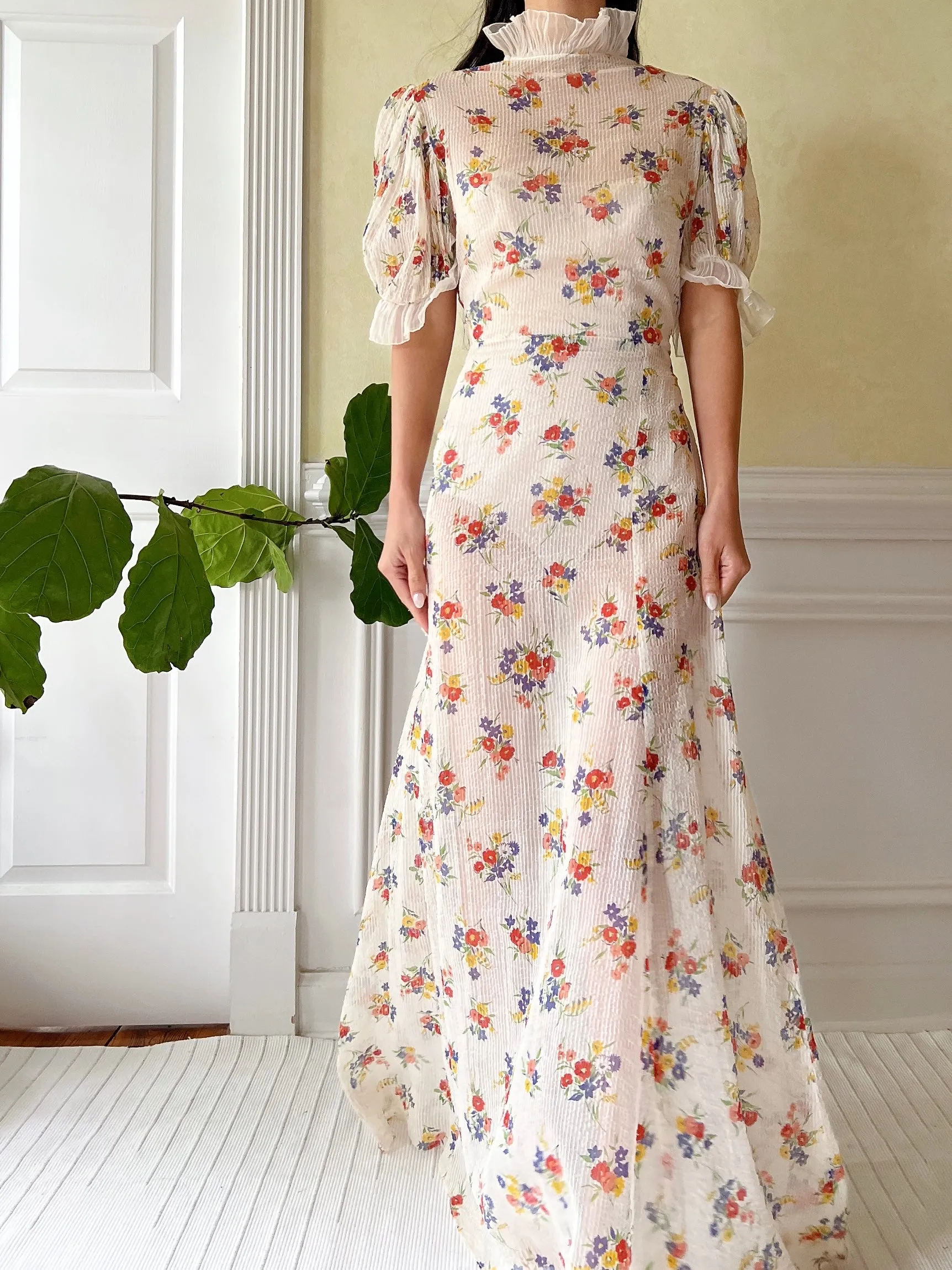 1930s Textured Floral Organdy Dress - S/M