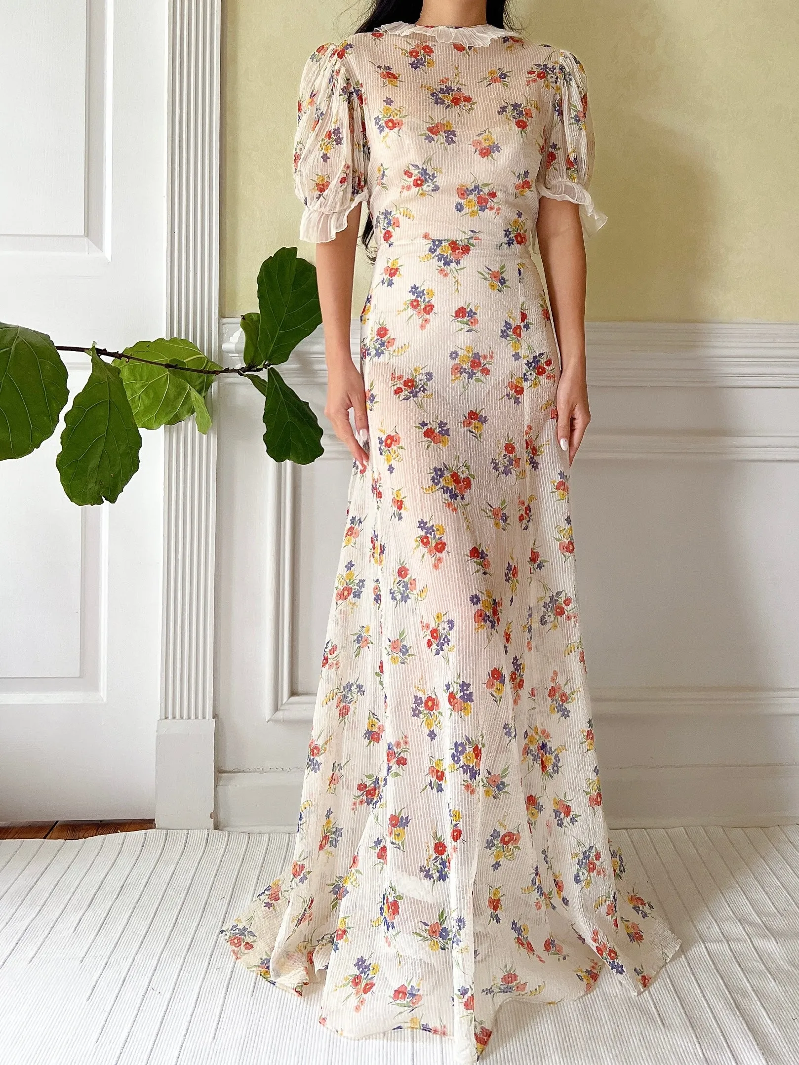 1930s Textured Floral Organdy Dress - S/M
