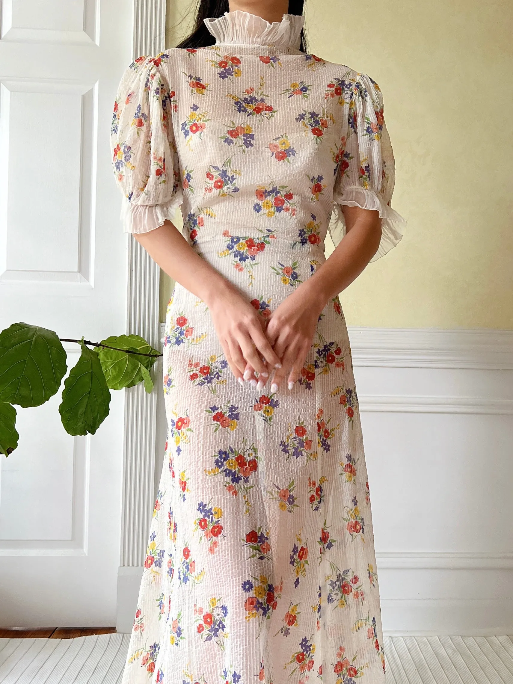 1930s Textured Floral Organdy Dress - S/M