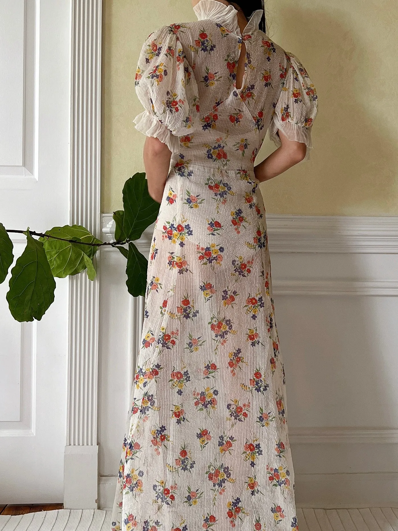 1930s Textured Floral Organdy Dress - S/M