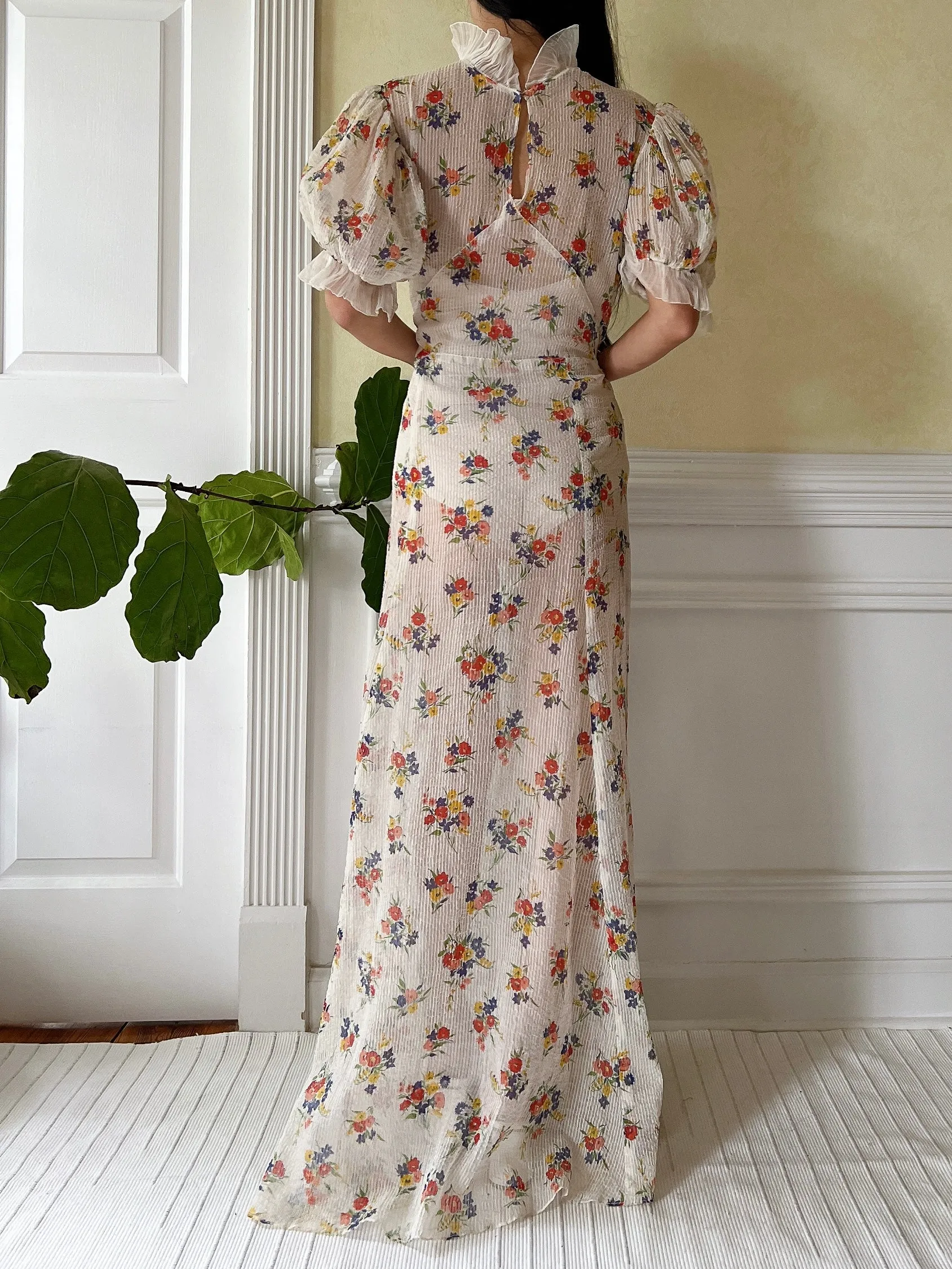 1930s Textured Floral Organdy Dress - S/M