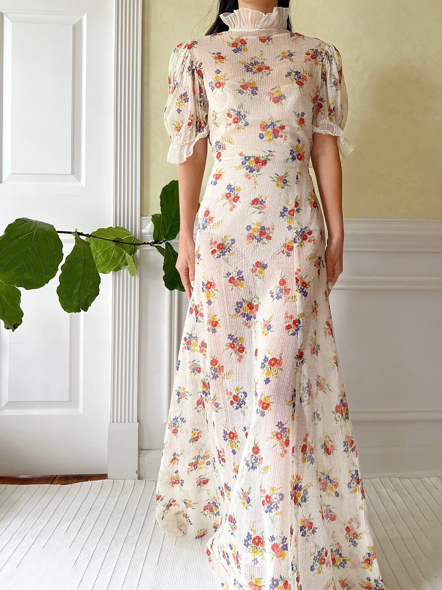 1930s Textured Floral Organdy Dress - S/M