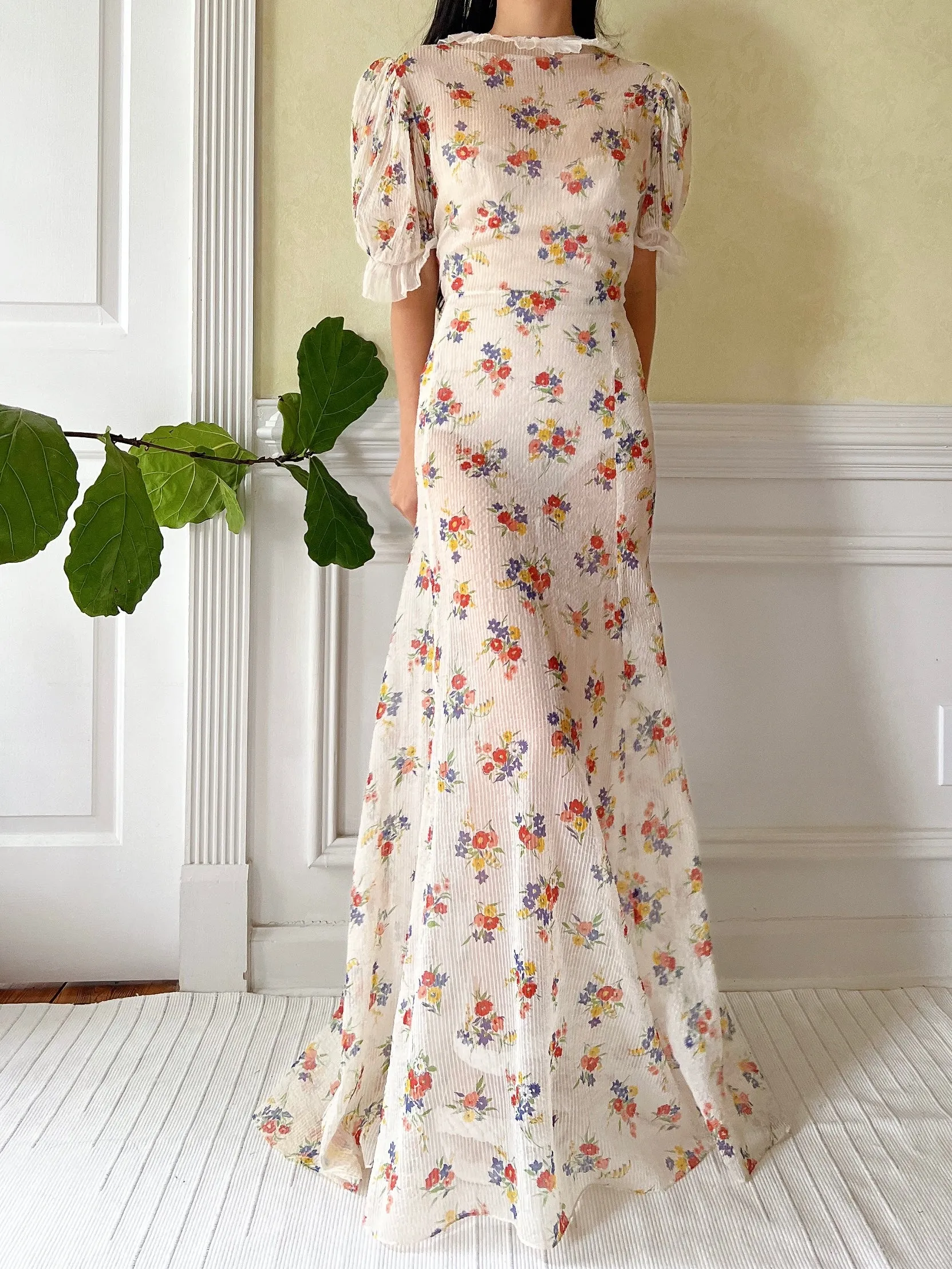 1930s Textured Floral Organdy Dress - S/M