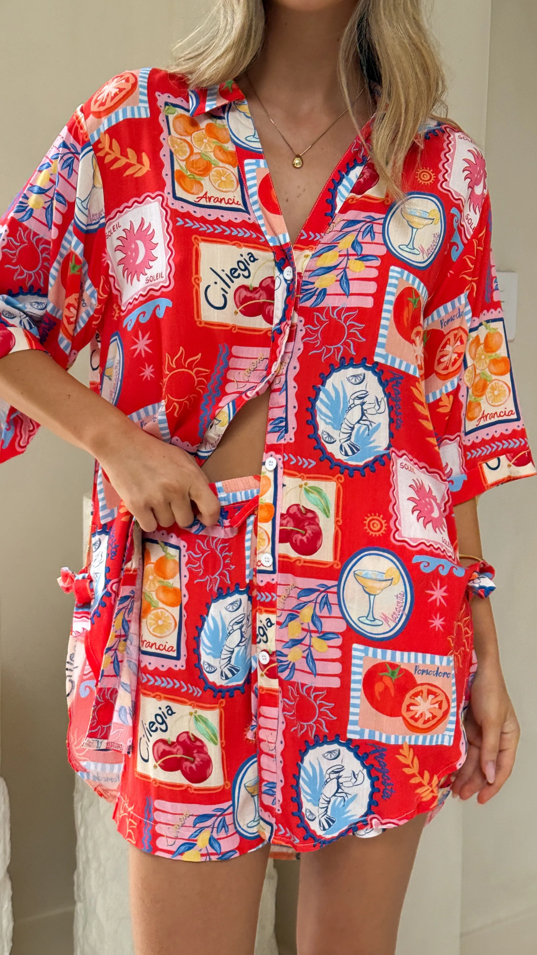Aria Button Up Shirt and Short Set - Travel Tales Red