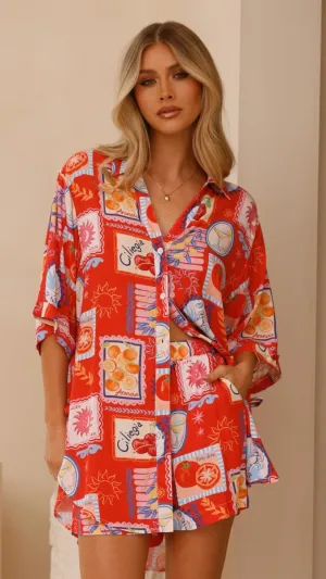 Aria Button Up Shirt and Short Set - Travel Tales Red