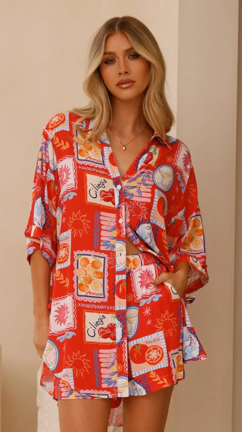 Aria Button Up Shirt and Short Set - Travel Tales Red