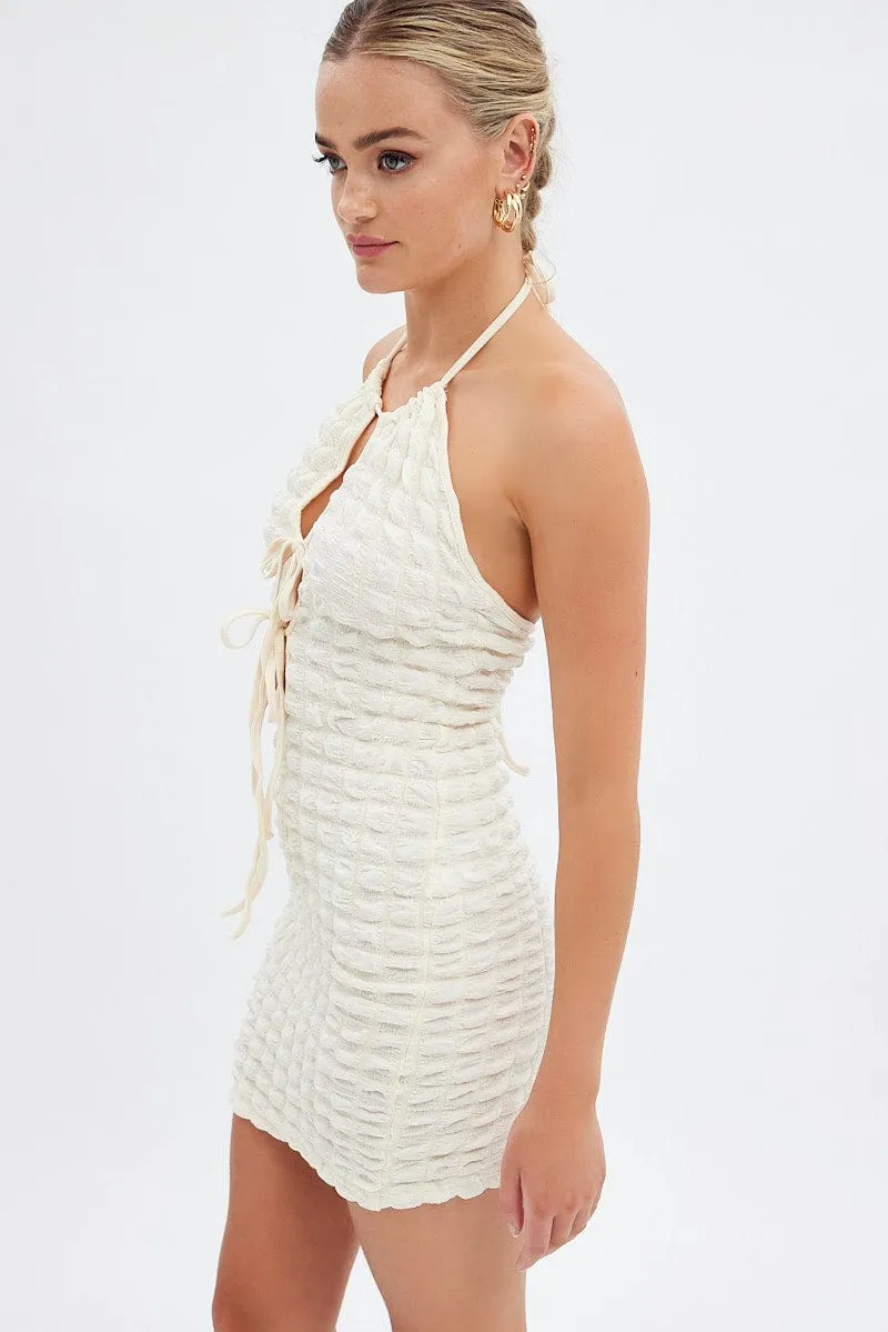 Beige Textured Mini Dress Backless