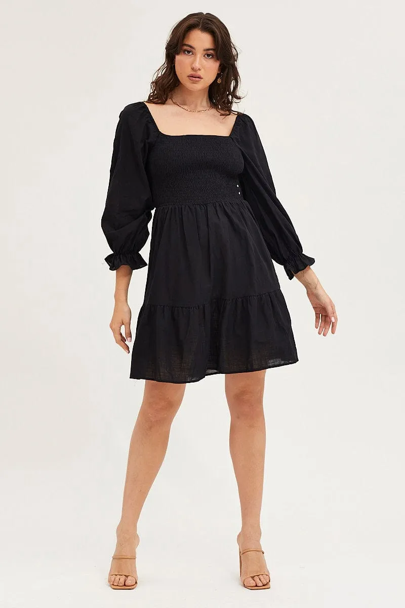 Black Skater Dress Puff Sleeve Mini