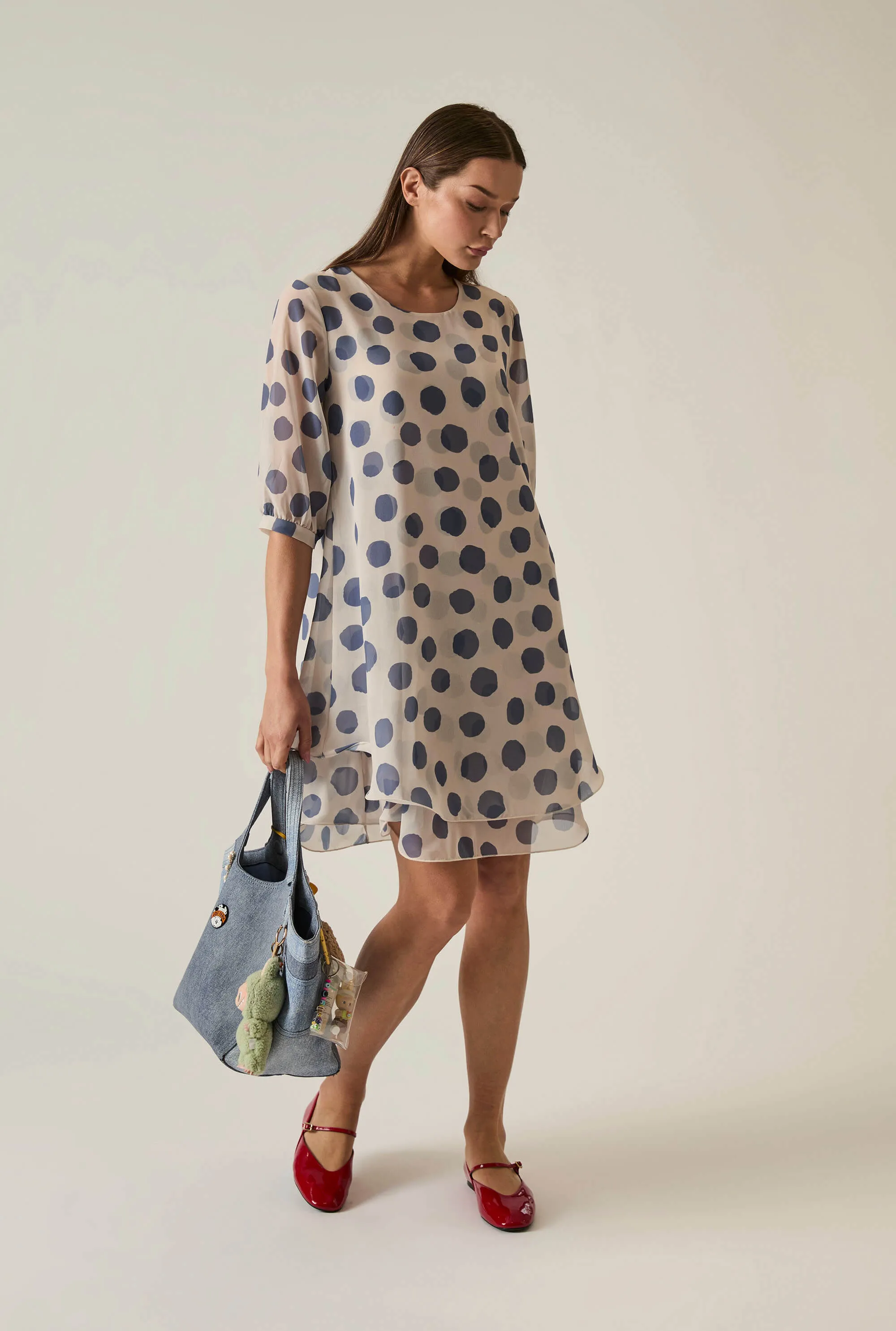 Blue-Cream Polka Dot Dress