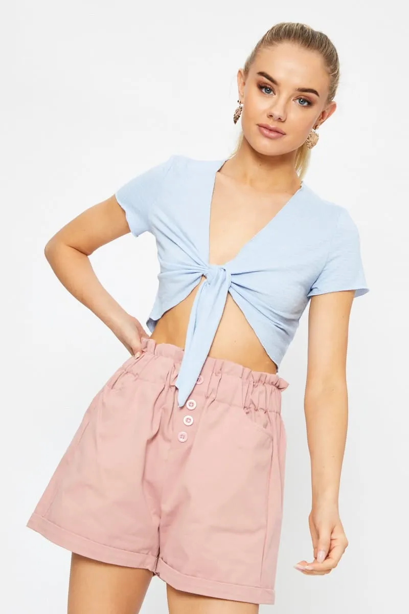 Blue Short Sleeve Textured Jersey Knot Front Crop Top