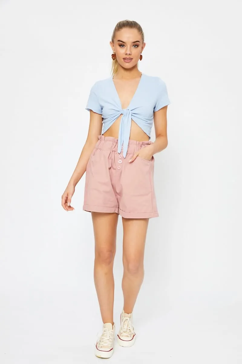 Blue Short Sleeve Textured Jersey Knot Front Crop Top
