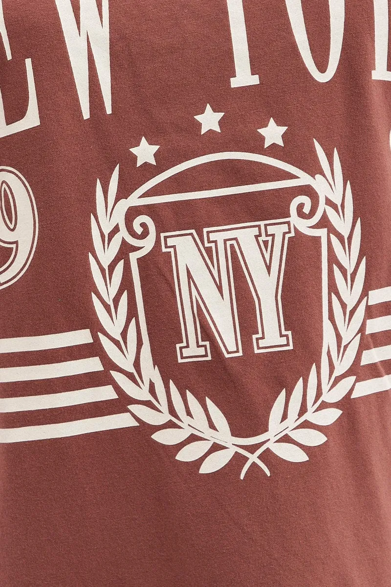 Brown T Shirt Short Sleeve Crew Neck New York Cotton