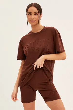 Brown Textured Tee And Biker Shorts Set