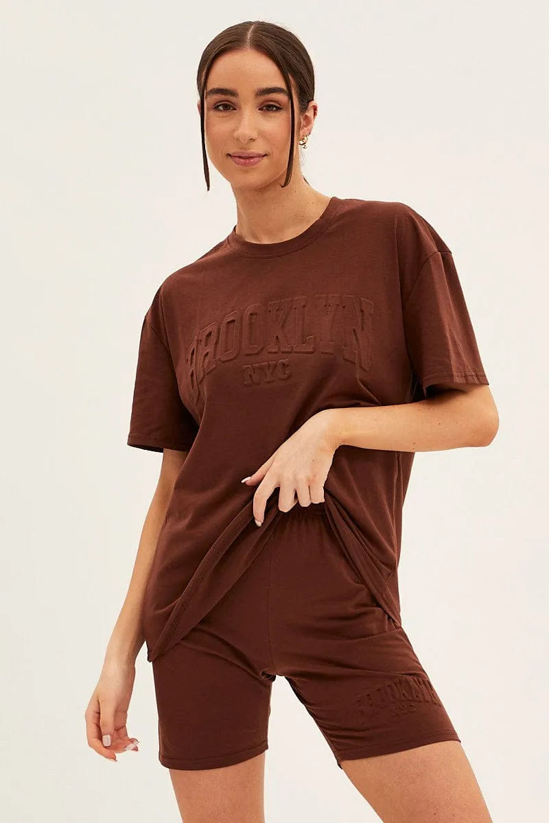 Brown Textured Tee And Biker Shorts Set