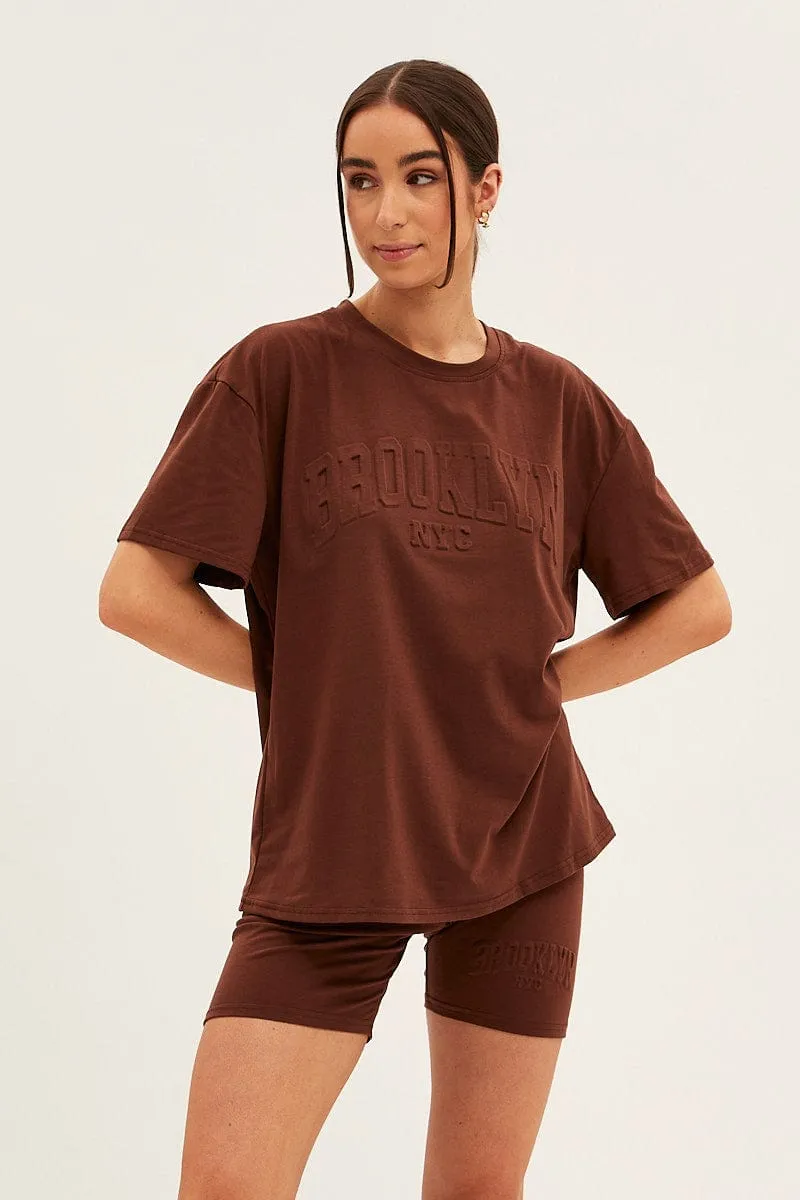 Brown Textured Tee And Biker Shorts Set