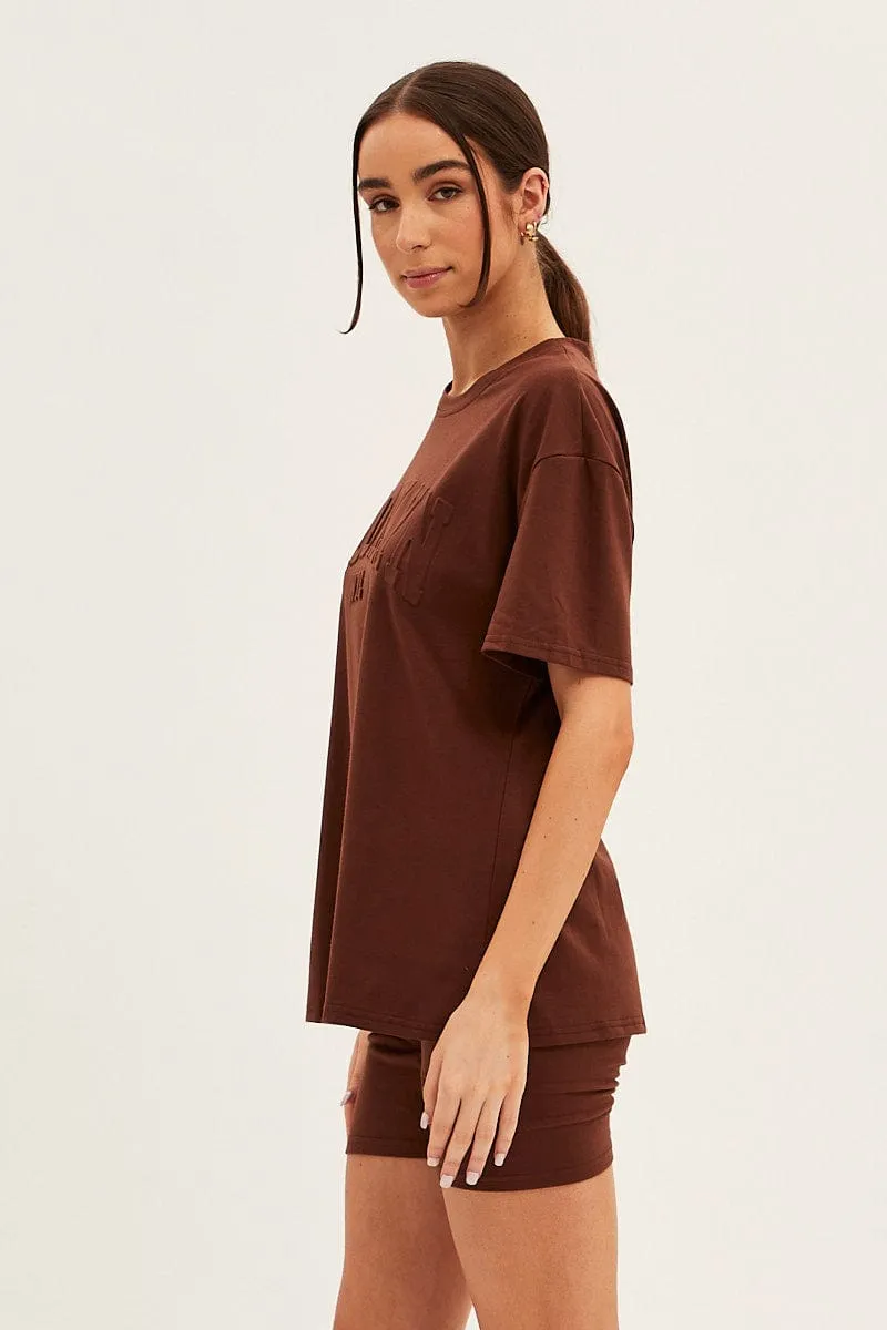 Brown Textured Tee And Biker Shorts Set