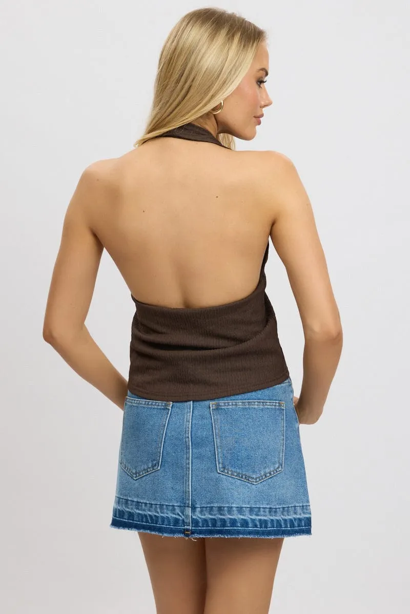 Brown Textured Top Halter Neck Tie Up Front
