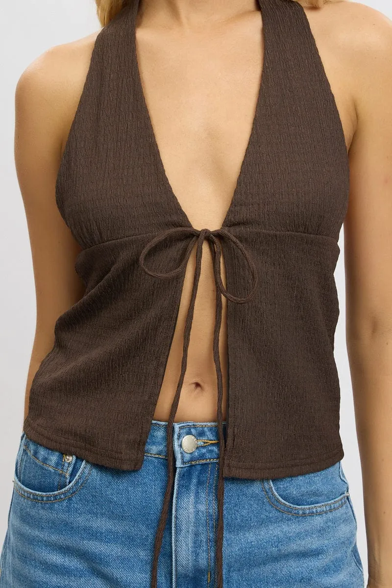 Brown Textured Top Halter Neck Tie Up Front