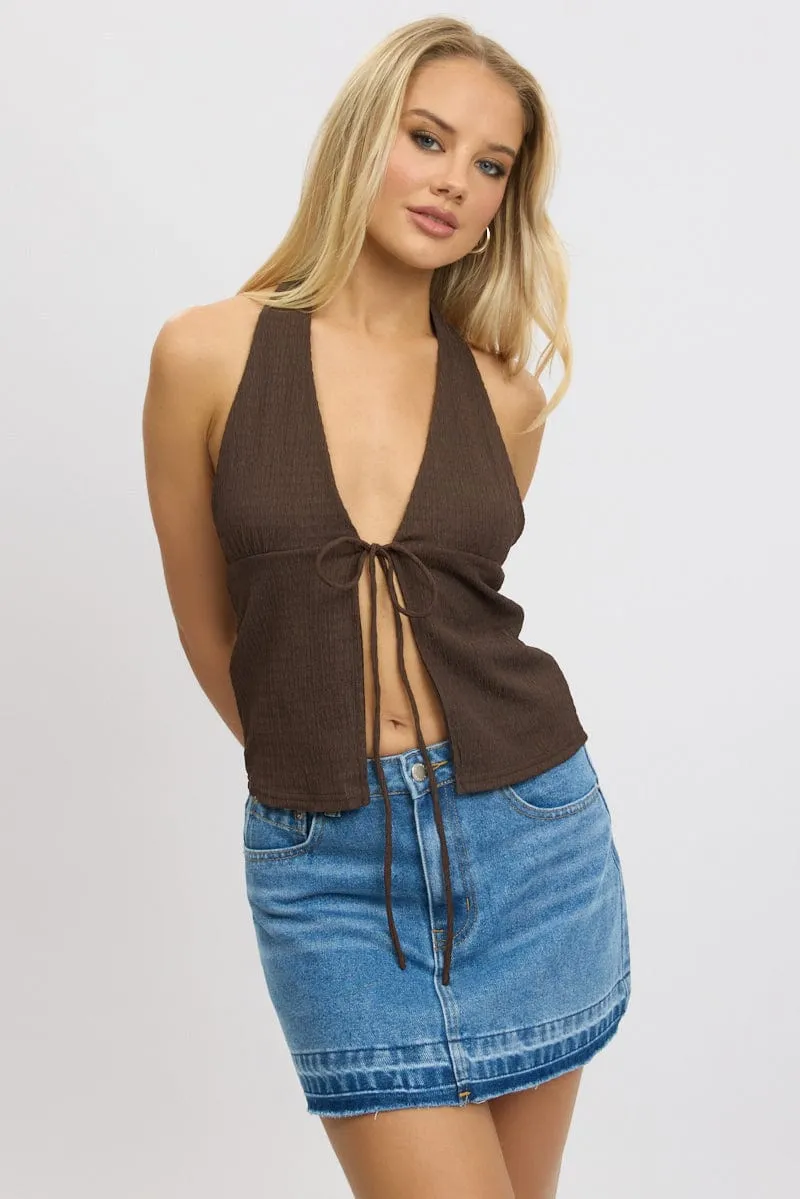 Brown Textured Top Halter Neck Tie Up Front