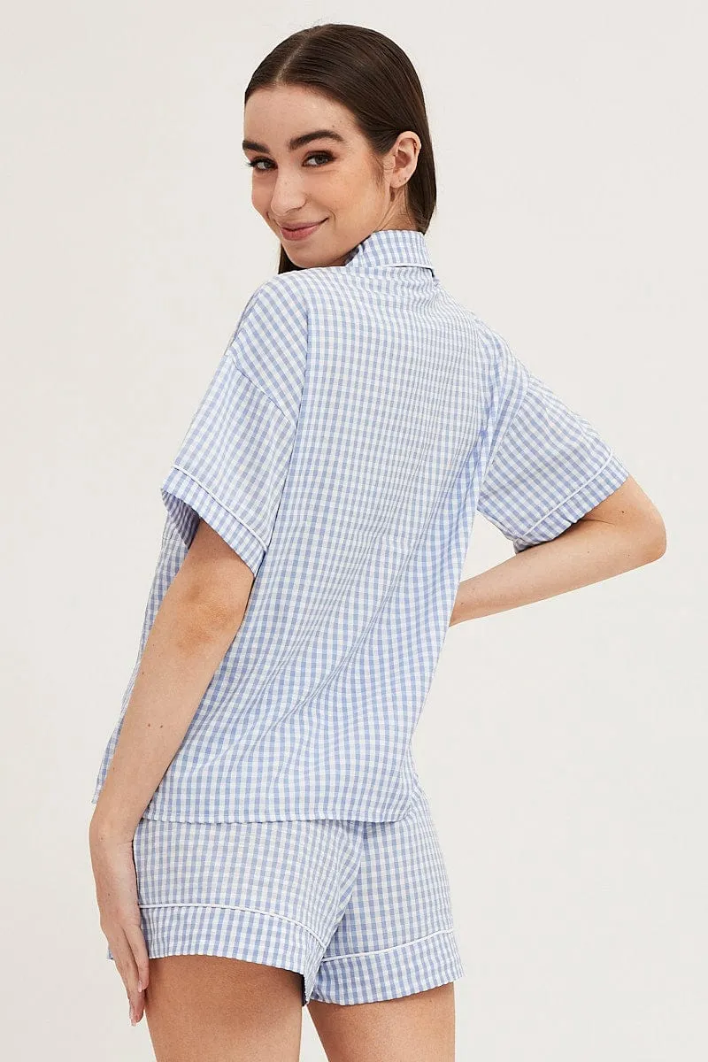 Check Contrast Piping Pajamas Set Short Sleeve