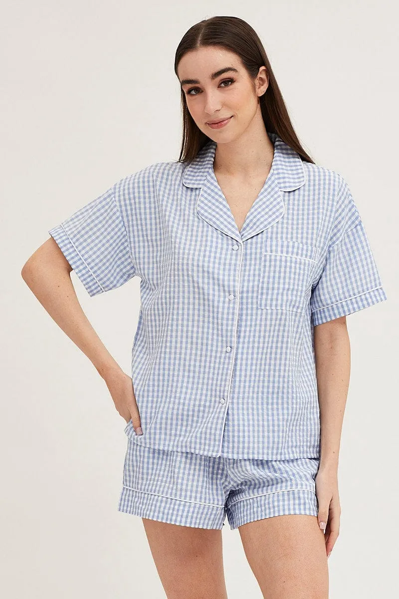 Check Contrast Piping Pajamas Set Short Sleeve