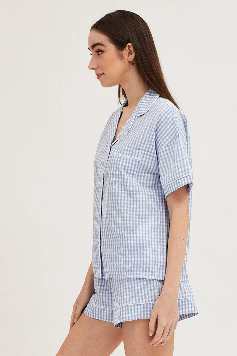 Check Contrast Piping Pajamas Set Short Sleeve