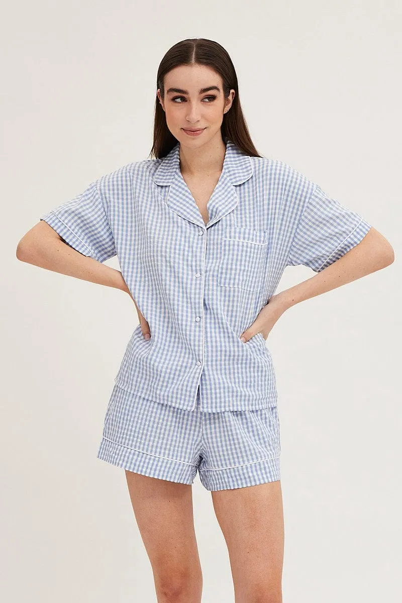 Check Contrast Piping Pajamas Set Short Sleeve
