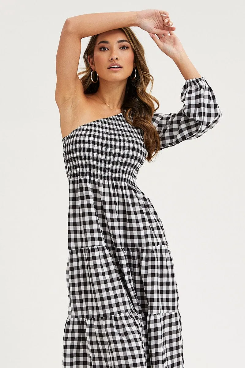 Check Dress One Shoulder Midi