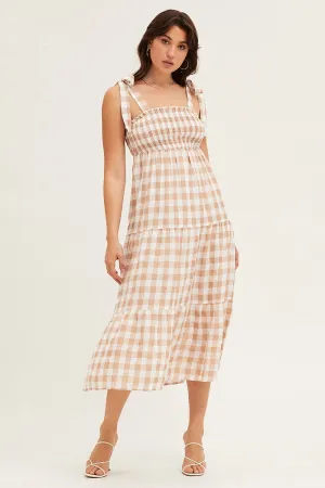 Check Tied Shoulder Midi Dress