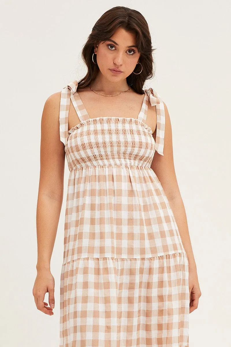Check Tied Shoulder Midi Dress