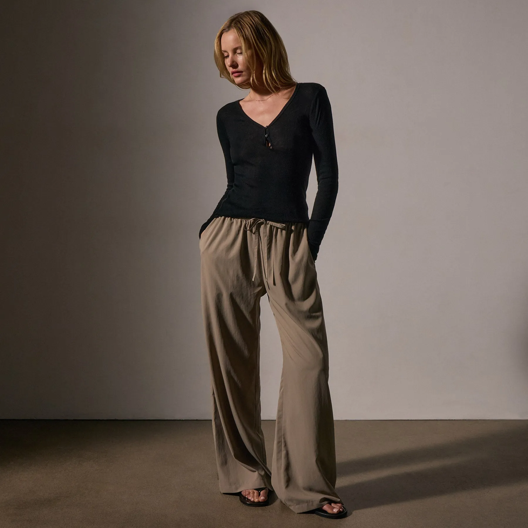 Cotton Cashmere Blend Ribbed Henley - Black
