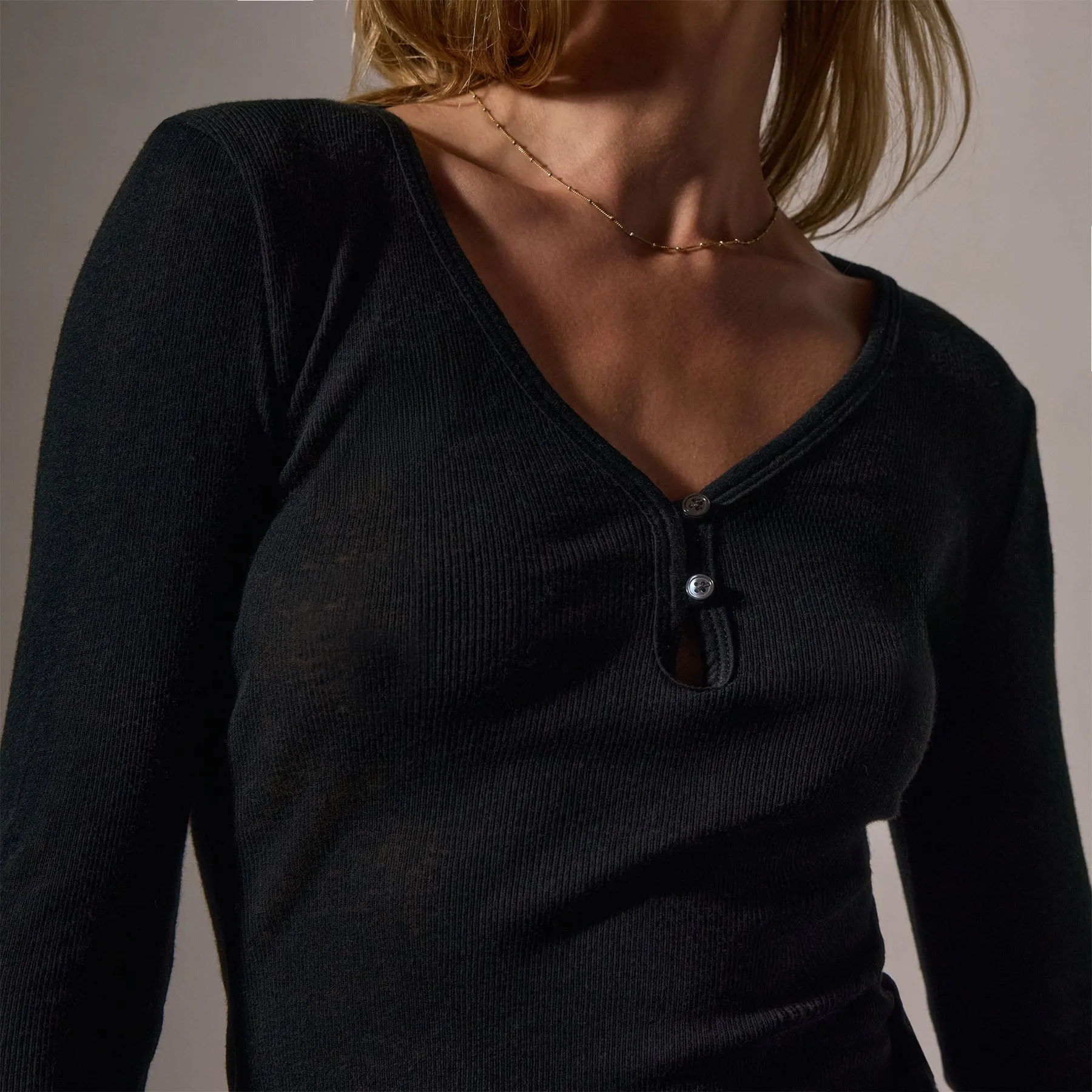 Cotton Cashmere Blend Ribbed Henley - Black