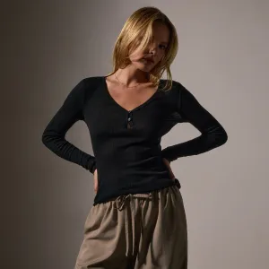 Cotton Cashmere Blend Ribbed Henley - Black