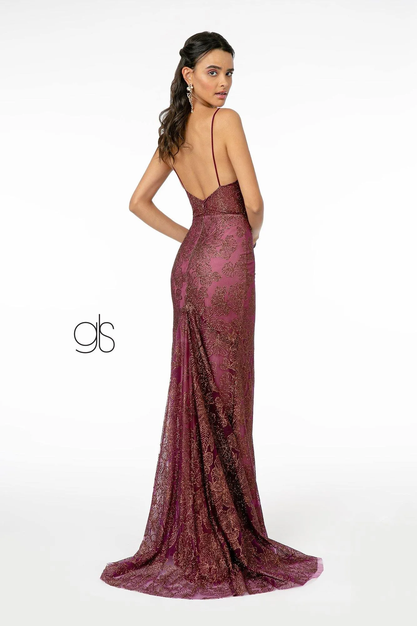 Floral Glitter Print Mesh Formal Long Prom Dress
