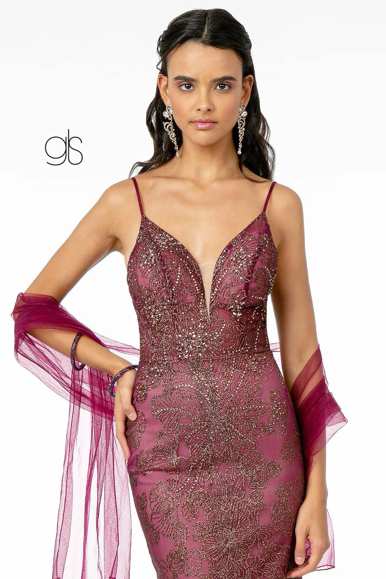 Floral Glitter Print Mesh Formal Long Prom Dress