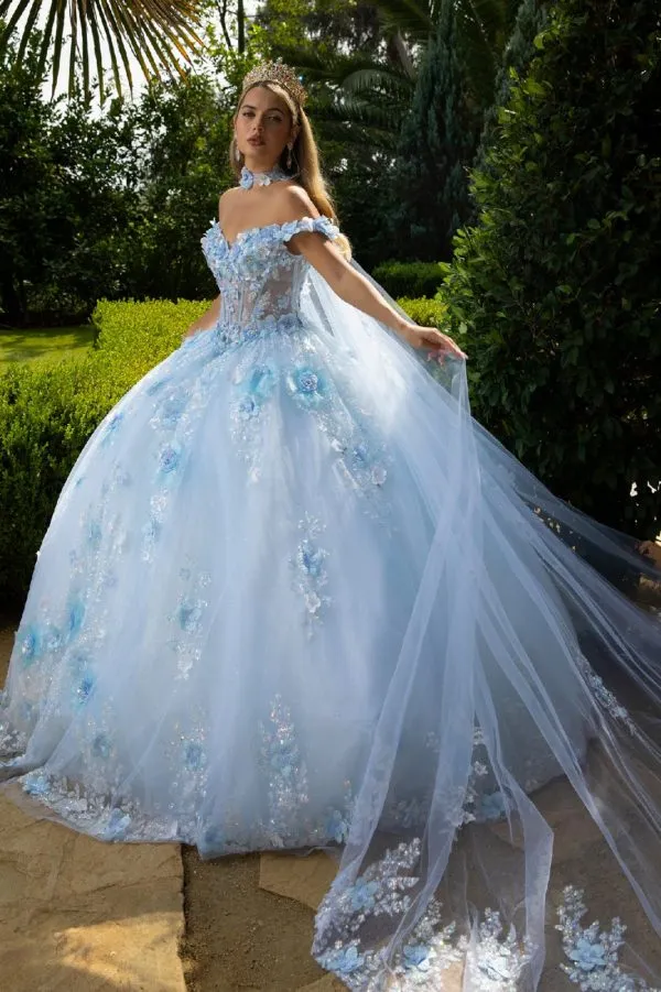Glitter Applique Long Ball Gown Long Cape Quinceanera Dress