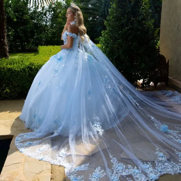 Glitter Applique Long Ball Gown Long Cape Quinceanera Dress