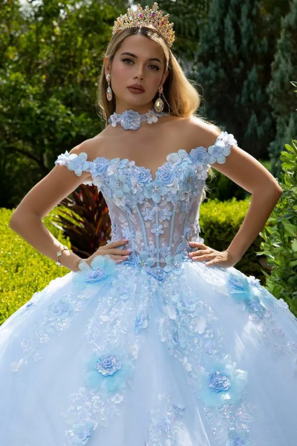 Glitter Applique Long Ball Gown Long Cape Quinceanera Dress