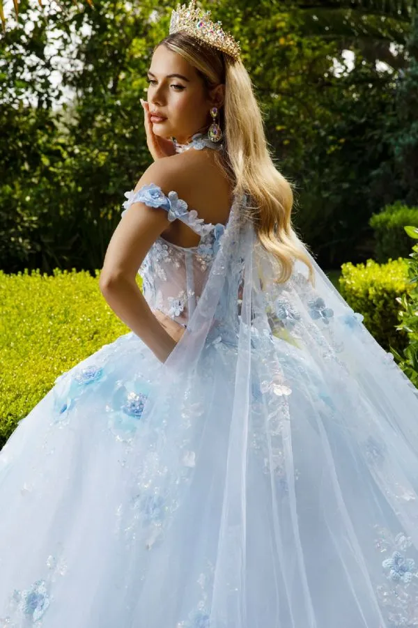 Glitter Applique Long Ball Gown Long Cape Quinceanera Dress