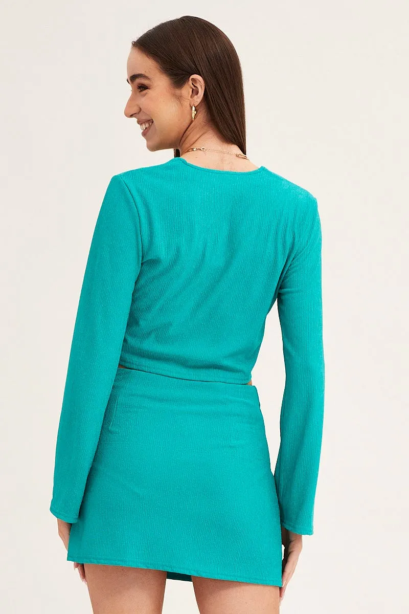 Green Long Sleeve Tie Front Textured Tie Top