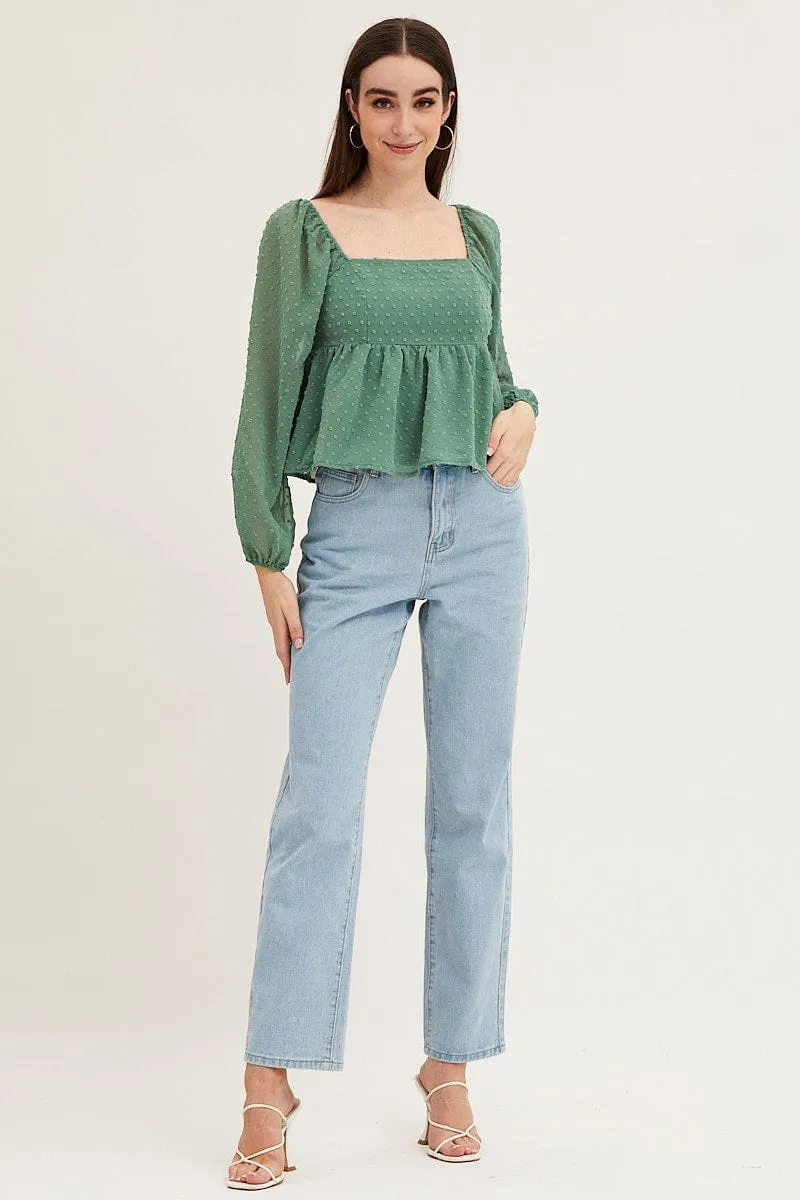 Green Puff Sleeve Peplum Top
