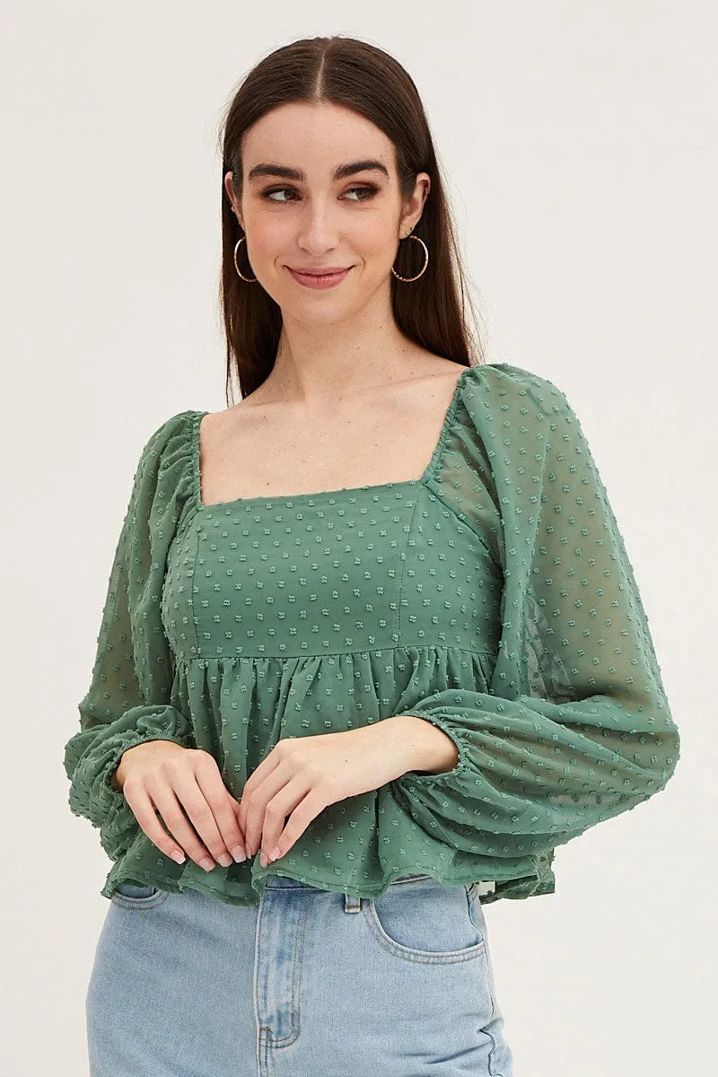 Green Puff Sleeve Peplum Top