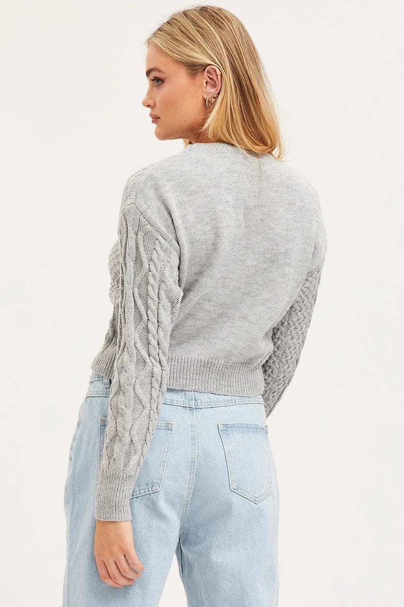 Grey Knit Top Long Sleeve Round Neck Cable