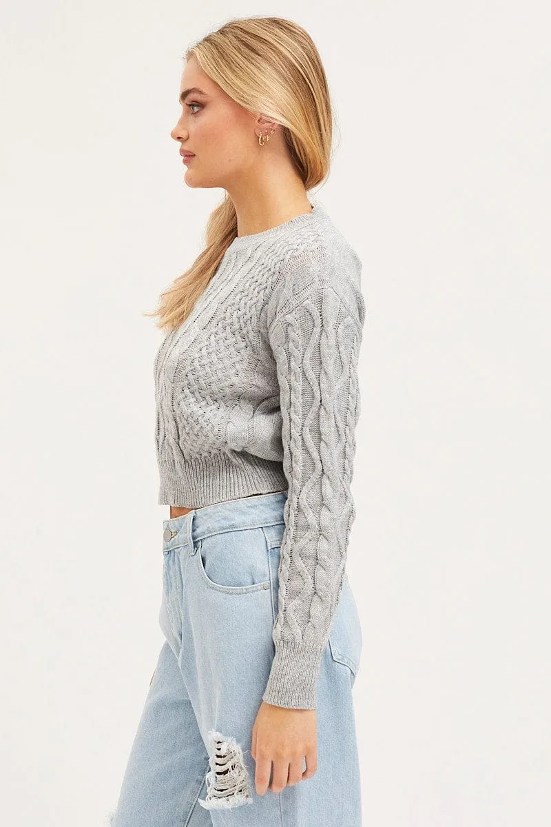 Grey Knit Top Long Sleeve Round Neck Cable