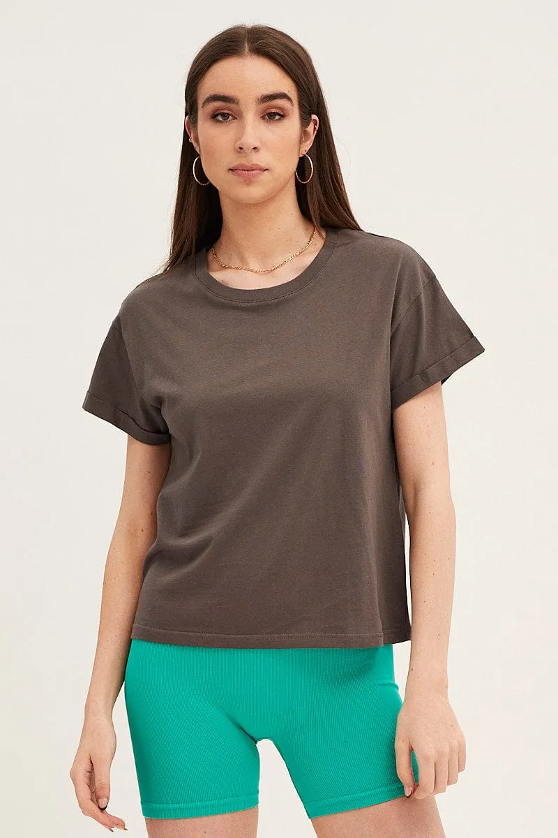 Grey Roll Sleeve Crew Neck Tee