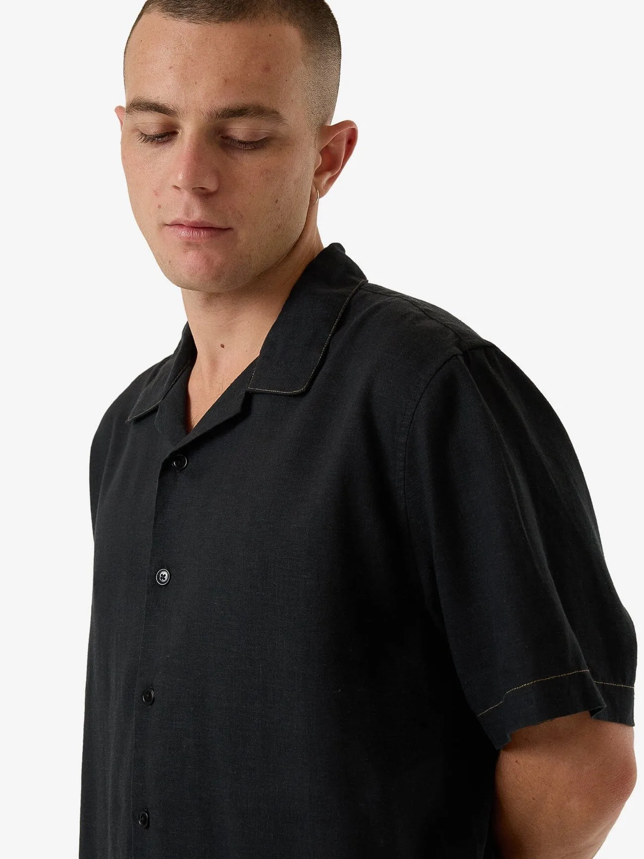 Hemp Minimal Thrills Contrast Stitch Bowling Shirt - Black